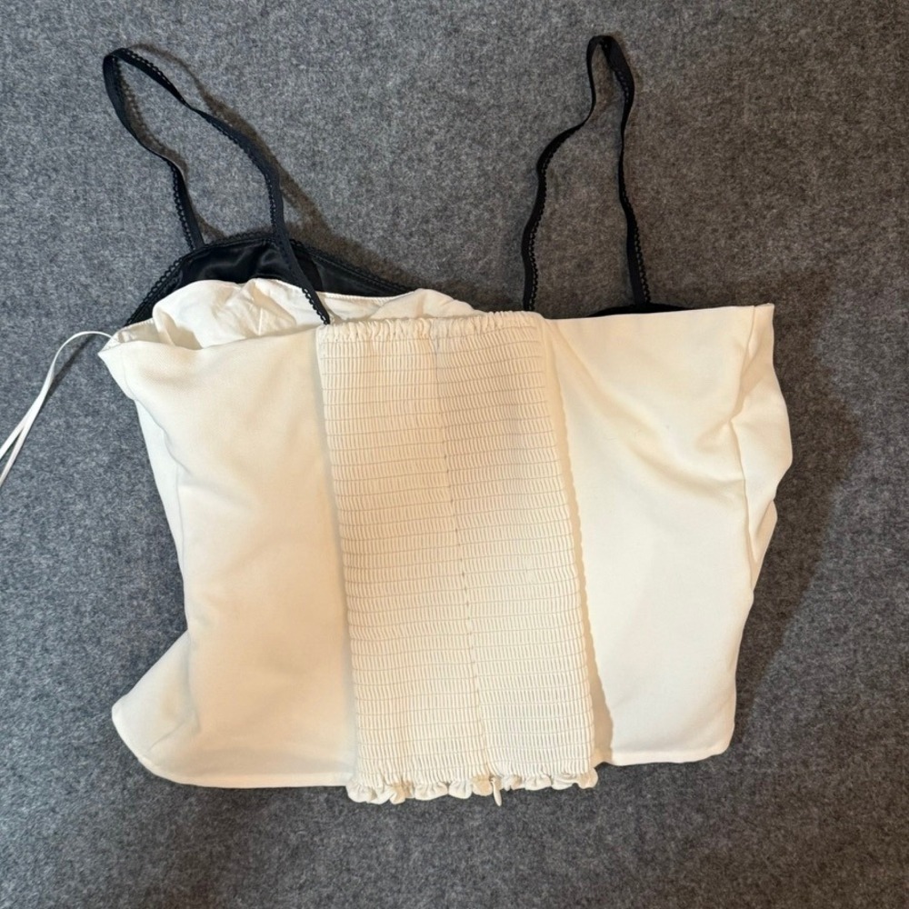 Reformation Melanie Top Ivory Black Silk Trim Smocked Back Camisole Size 12 Lux - Picture 5 of 11